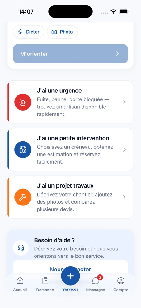 Choix du service : urgence, petite intervention ou projet de travaux